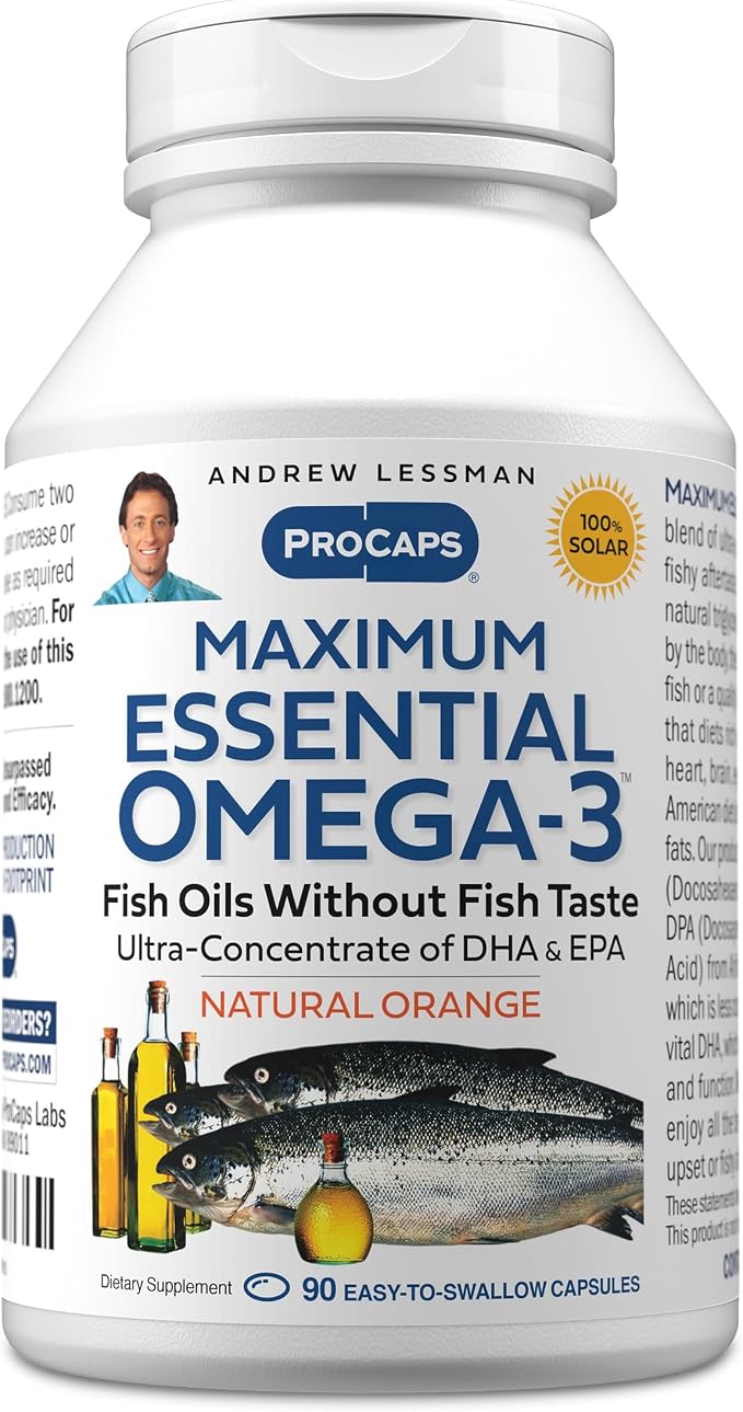 ANDREW LESSMAN Maximum Essential Omega-3 Orange - 90 Softgels - Ultra-Pure, High Potency Omega-3 Oils. High DHA, No Stomach Upset, No Contaminants, No Mercury. Small Easy to Swallow Softgels