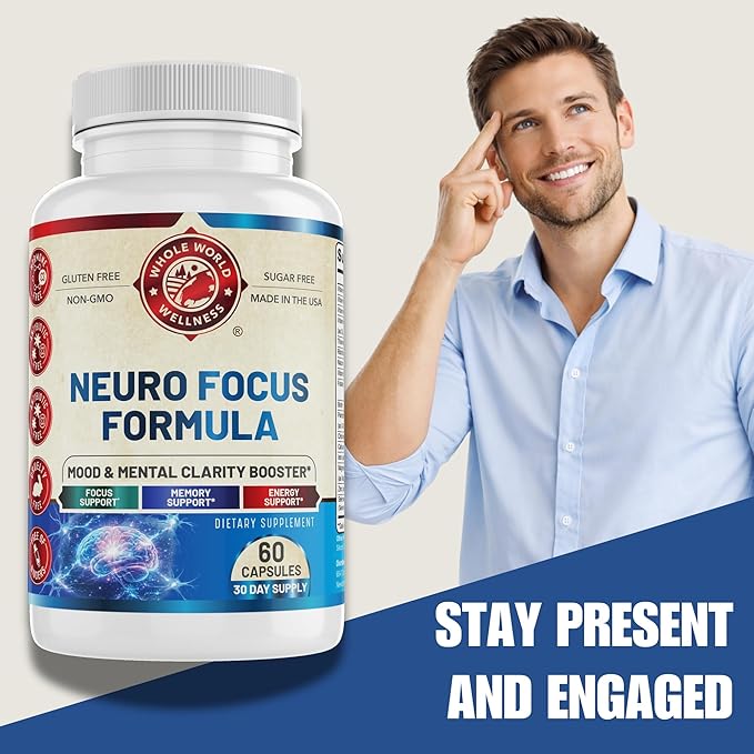 Neuro Focus Formula | Supports Mental Clarity & Focus | Vitamin A,C,D,E,B6 | Gluten Free, Sugar Free, Lactose Free | 60 Capsules | Made in The USA.
