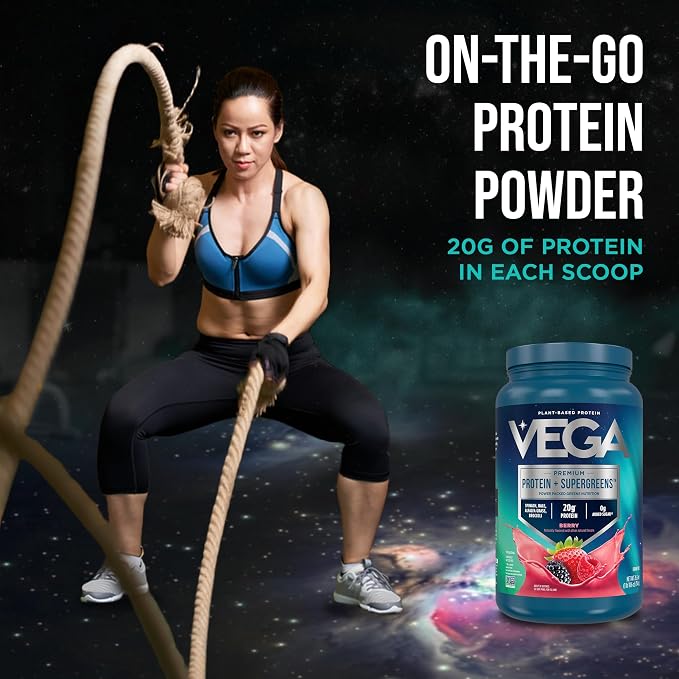 Vega Premium Protein + Supergreens, Berry – 20g Vegan Protein, Dairy & Gluten Free, 27.2 oz (26 Servings)