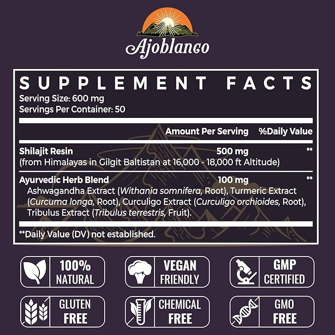 600mg Shilajit Pure Himalayan Organic Shilajit Resin - Himalayan Shilajit Resin with Organic Ayurvedic Blend in High Potency for Energy, Strength & Immunity, Pack of 3