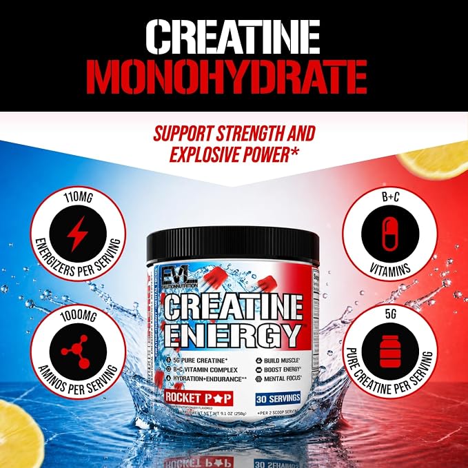 Evlution Nutrition Creatine Energy - Supports Muscle Growth, Boosts Energy, Endurance & Cognition - 5g Pure Creatine Monohydrate Per Serving - B + C Vitamin Complex - 30 Servings - Rocket Pop