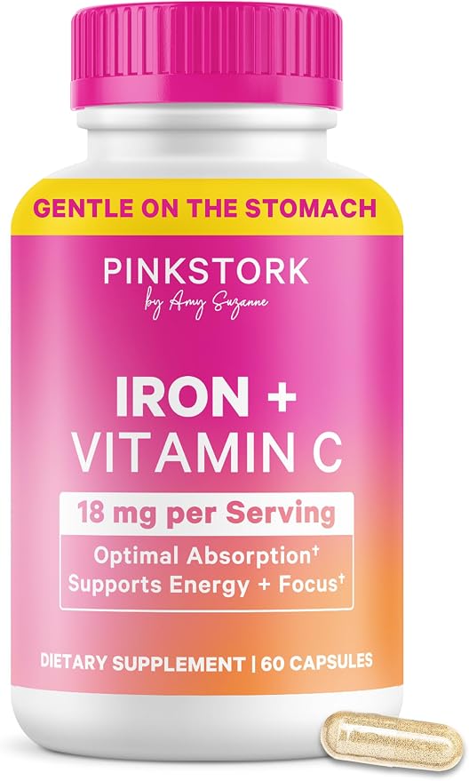 Pink Stork Iron for Women, 18 mg Non-Constipating Iron Bisglycinate + Vitamin C for Optimal Absorption, Energy, Focus & Oxygen Support, PMS, Pregnancy, Postpartum & Perimenopause, 60 Capsules