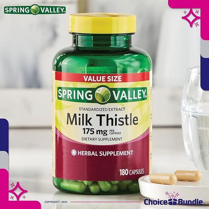 CHOICE BUNDLE Spring Valley Standardized Extract Milk Thistle Dietary Supplement Capsules 175 mg 180 Ct 3 pk (540 Total) + Vitamin Guide and Pill Container (5 Items)!