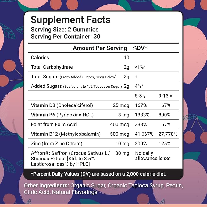 NutriMagic Kids Brain Booster+ Affron® Saffron Extract, 2IN1 Cognitive Support & Multivitamin D3, B6, B12, Zinc Gummies Supplement, Supports Focus, Attention, Memory, Mood Balance - 60 Peach Gummies