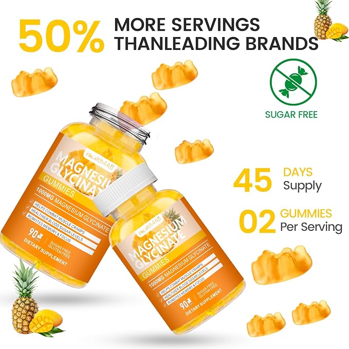 Magnesium Glycinate Gummies 1000mg, High Absorption Sugar Free Magnesium Potassium Supplement for Relaxation, Stress Relief, and Sleep Support for Adults & Kids - 180 Mango Pineapple Gummies