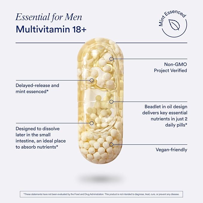 Ritual Men’s 18+ Daily Multivitamin - Key Essential Vitamins and Minerals to Support Energy, Muscle, Heart, Brain Health* - Including Zinc, D3, B12, A, K2 - Vegan - Mint - 60 Capsules - 30 Servings