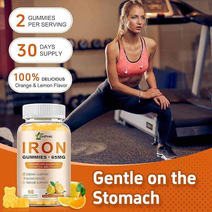 Iron Supplement Gummies, 65mg Iron and 250mg Vitamin C for Women Men Kids, Natural Vegan with Vitamin A, B-Complex, Biotin, Zinc & Folate Energy Support & Immune Health, 60 Count