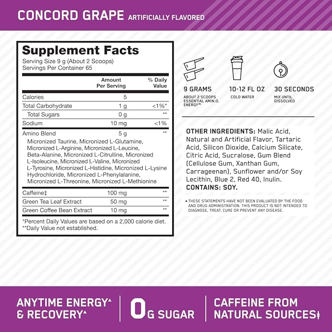 Optimum Nutrition Amino Energy - Pre Workout with Green Tea, BCAA, Amino Acids, Keto Friendly, Green Coffee Extract, Energy Powder - Concord Grape, 65 Servings (Packaging May Vary) (Pack of 6)
