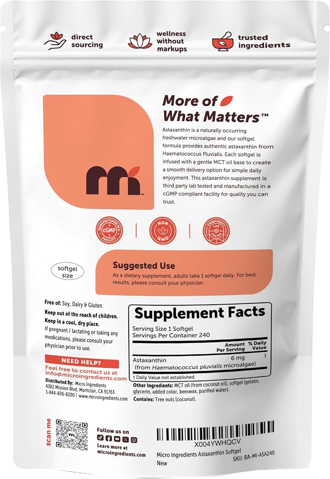 Micro Ingredients Astaxanthin 6mg with MCT Oil, 240 Softgels | Premium Astaxanthin Antioxidant Supplements* | Fresh Microalgae Source | Triple Strength, Non-GMO, Gluten Free, No Soy