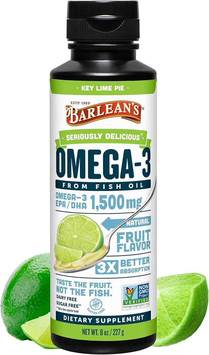Barlean's Omega 3 Fish Oil Liquid Supplement for Men and Women, 1500mg of EPA and DHA Fatty Acid, Promotes Brain & Heart Health - Non-GMO, Key Lime Pie, 8 oz