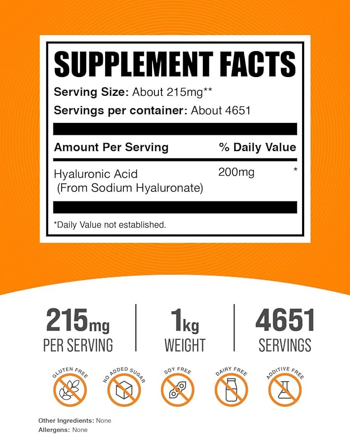 BulkSupplements.com Hyaluronic Acid Powder - as Sodium Hyaluronate, Hyaluronic Acid Supplements - Food Grade, Gluten Free - 215mg per Serving, 1kg (2.2 lbs) (Pack of 1)