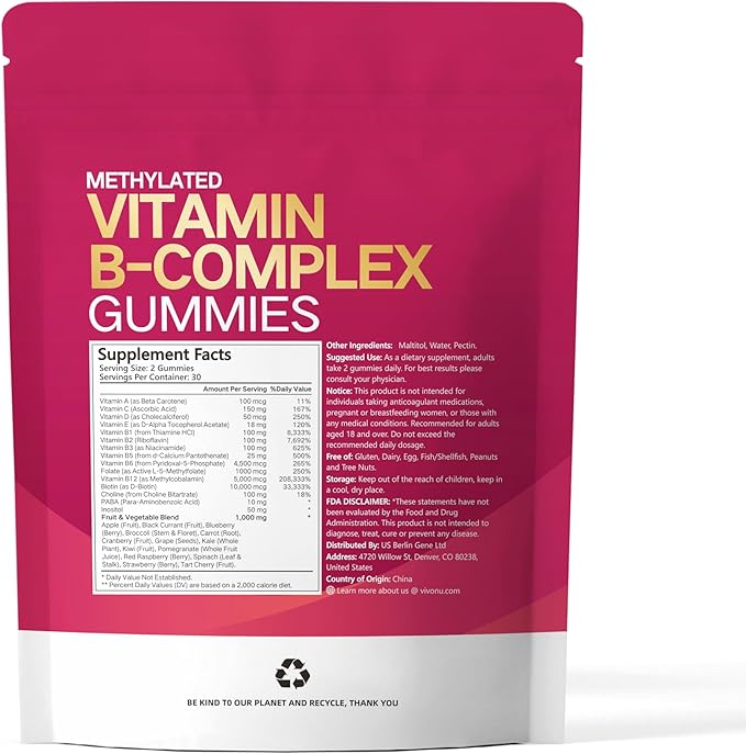 VivoNu Vitamin B6 Gummies for Women & Men, with Vitamins B12, B1, B3, B5, A, C, D, E, Folate, Choline, Inositol, Complex Vitamin B for Energy, Natural Ingredient, Sugar Free & Non GMO