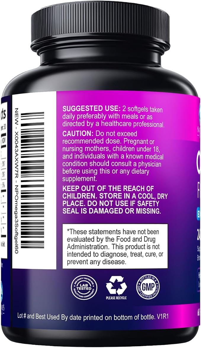 Omega 3 Fish Oil Supplements - 2400mg Fish Oil Per Serving - Triple Strength Omega-3 with Fatty Acids EPA & DHA - Natural Heart, Brain & Immune Support - Wild Caught, Bottled in USA - 60 Softgels