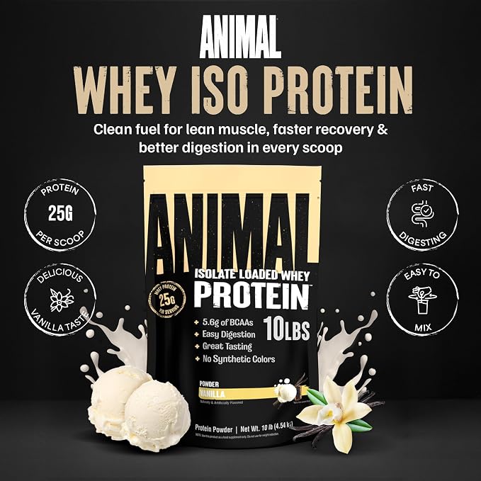 Animal Whey Isolate Protein Powder - Loaded for Pre & Post Workout Muscle Builder and Recovery with Digestive Enzymes for Men & Women - 25g Protein, Great Taste, Low Sugar - Vanilla 10 lbs
