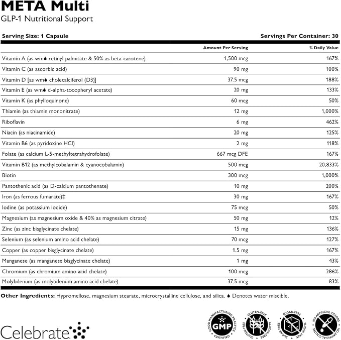 Celebrate Vitamins META Multi GLP-1 Multivitamin Weight Support – 30 Capsules – Once-Daily Supplement w Iron, Vitamin D, B12, Magnesium – GLP-1 Vitamin for Hair Loss, Fatigue & Nutrient Gaps
