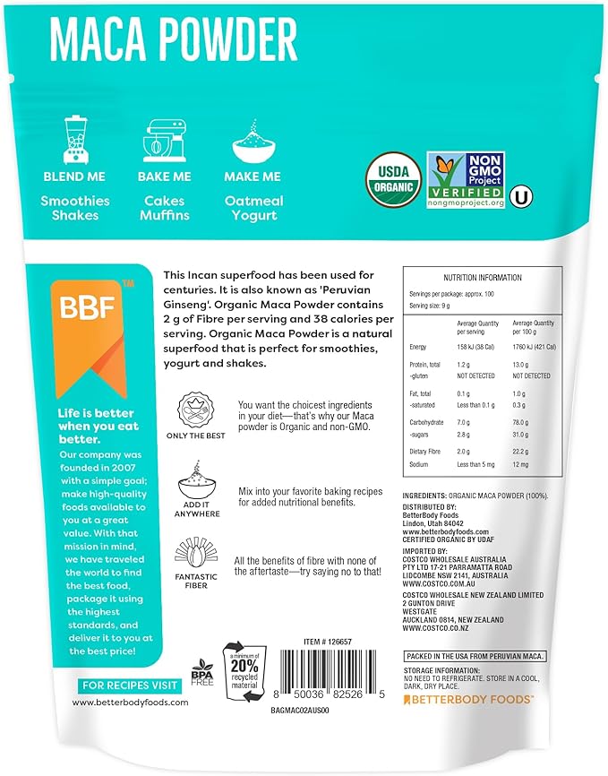 BetterBody Foods Organic Maca Powder, Non-GMO & Gluten-Free, 12 Ounce