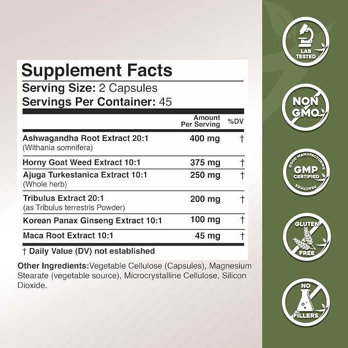 Gade Nutrition Ashwagandha with Maca Root, Horny Goat Weed, Turkesterone Supplement, Tribulus Terrestris, Panax Ginseng | 90 Vegetable Capsules for Energy, Stamina, Performance. | Made in USA