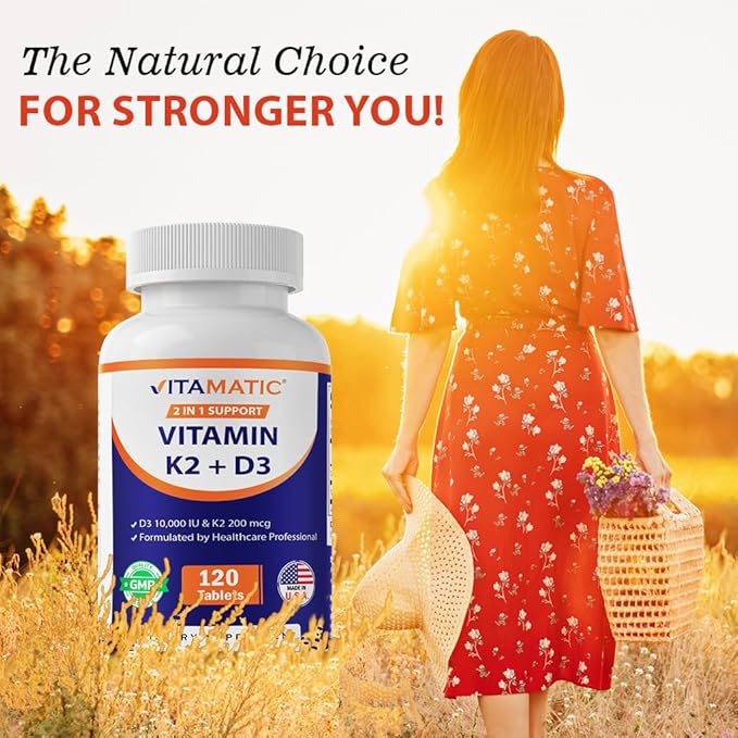 Vitamatic Vitamin D3 K2 Supplements with 10,000 IU Vitamin D + 200mcg Vitamin K MK-7, 120 Tablets Bone, Heart, Immune, & Calcium Support (Pack of 3)