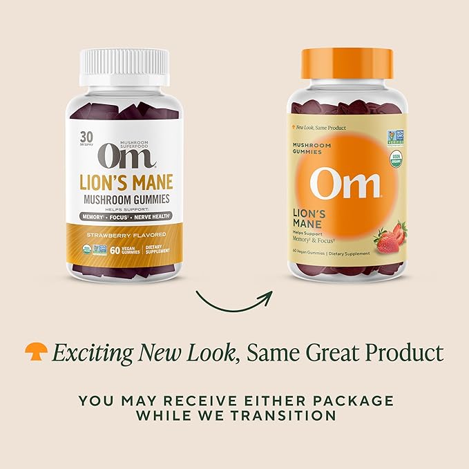 OM MUSHROOM SUPERFOOD Lion’s Mane Mushroom Gummies – USA Grown Organic Lion’s Mane – Supports Memory, Focus & Cognitive Health – Strawberry Flavor – 30 Servings, 60 Count.