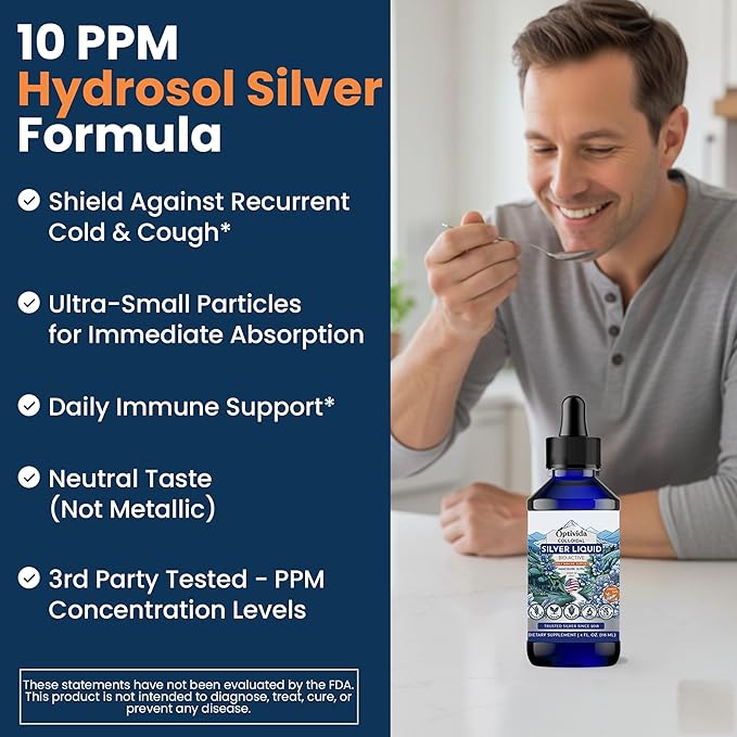 Optivida Colloidal Silver Liquid - 10 PPM Liquid Silver Immune Support, Pure Nano Silver Hydrosol Liquid for Family Wellness - Natural Silver Water for Adults & Kids, Non-GMO, 3rd Party Tested - 4 Oz
