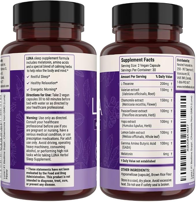 Nested Naturals Luna Sleep Aid - Non-Habit Forming Natural Sleeping Pills for Adults with Naturally Sourced Ingredients - Valerian Root, Melatonin, Chamomile, Lemon Balm, and More - 120 Vegan Capsules