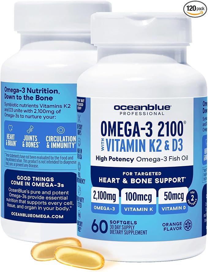 Oceanblue Professional Omega-3 2100 with Vitamin K2 and Vitamin D3-60 Count 2 Pack- Triple Strength Burpless Fish Oil Supplement with EPA, DHA & DPA - Wild Caught - Orange Flavor, 60 Servings