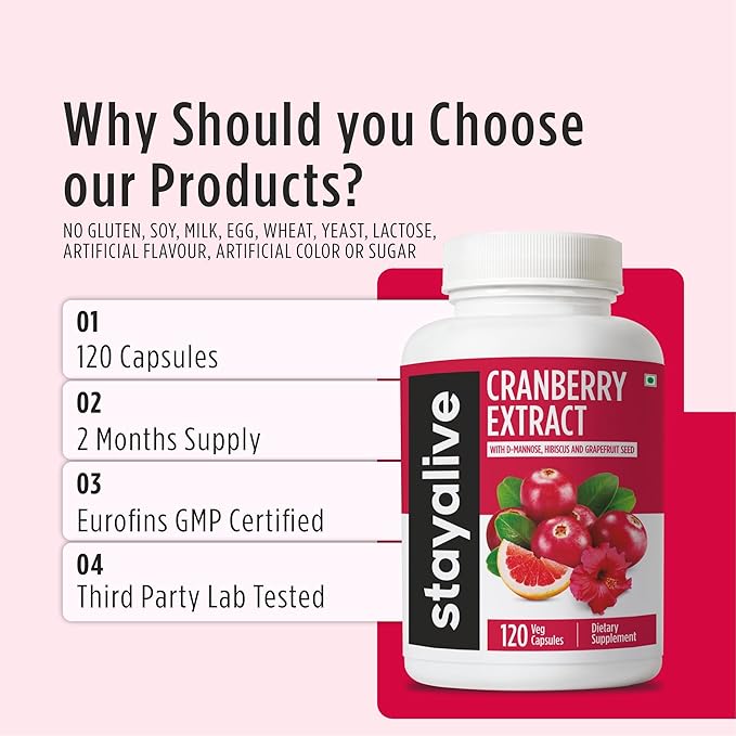 STAY ALIVE Cranberry Pills for Women and Men 1000mg with D-mannose, Hibiscus and Grapefruit Seed Extract, 120 Count, D-mannose Cranberry Supplement, Vegan, Non-GMO & Gluten-Free Powder Capsules