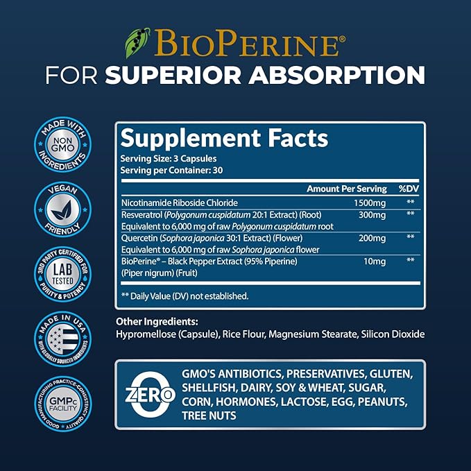 2010 MG NAD+ Supplement- Nicotinamide Riboside, Resveratrol, Quercetin & BioPerine® (High Absorption)- Natural NAD Booster for Anti-Aging, Cellular Energy, Skin- For Women & Men- 90 V Capsules