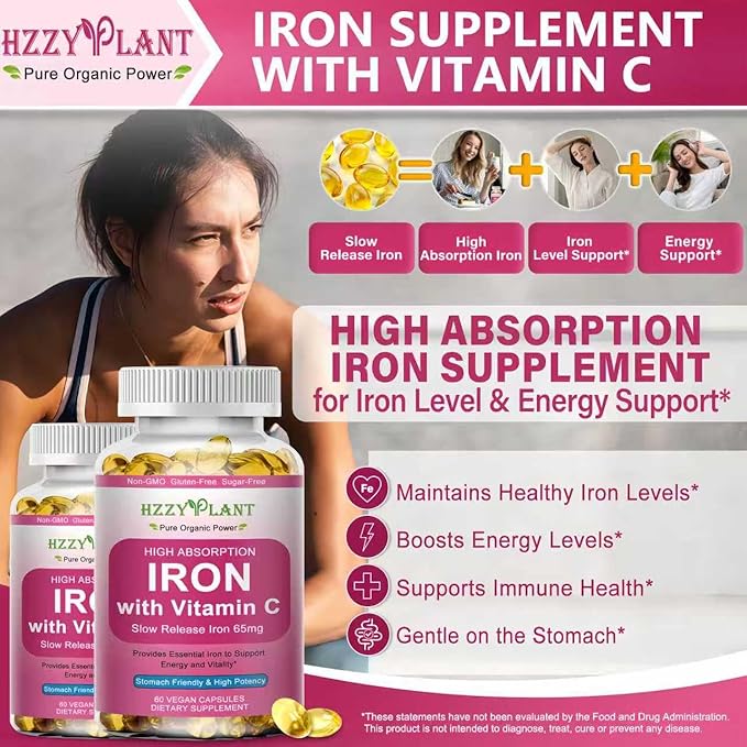 Iron Supplement for Women - High Absorption Iron Supplement with Vitamins C for Iron Level & Energy Support - Stomach Friendly Iron Softgels - Vegan | Non-GMO | Gluten Free | 60 Days Supply