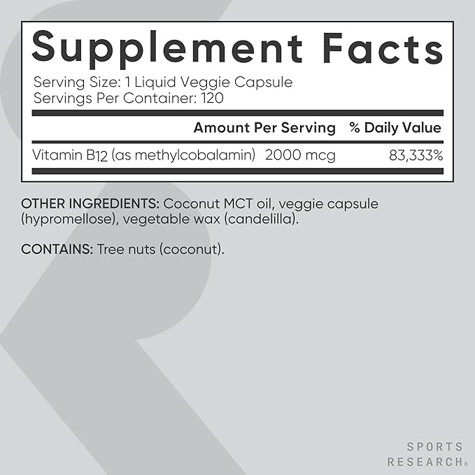 Sports Research® Vitamin B12 as Methylcobalamin 2000mcg - Plant Based B12 w/Coconut MCT Oil for Energy Metabolism Support - Vegan Certified · Non-GMO · Gluten Free - 120 Liquid Caps