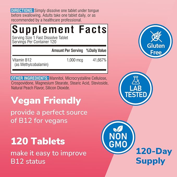 Vitamin B12 1000 mcg, Sublingual Methylcobalamin, Natural Peach Flavor, Nervous System Health, Energy Support, No Sugar, 120 Fast Dissolve Tablets
