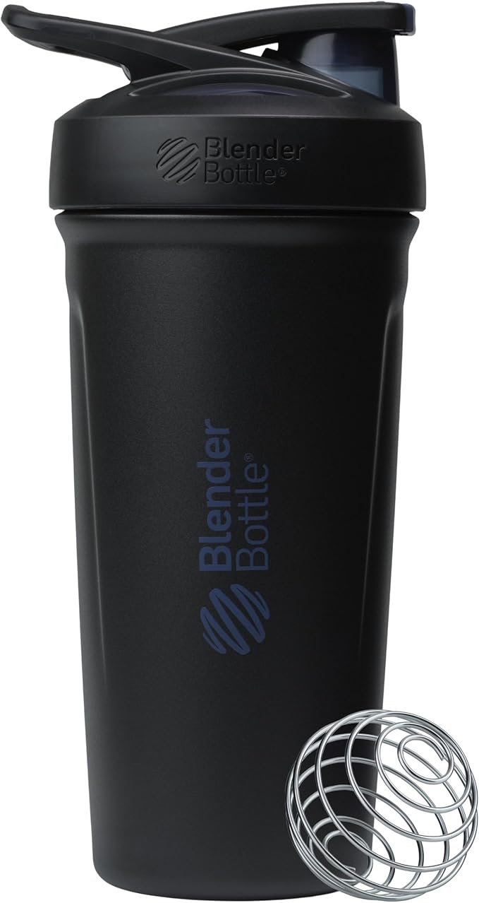 BlenderBottle Sport Shaker Cup Insulated Stainless Steel Water Bottle with Wire Whisk, 24-Ounce, Black