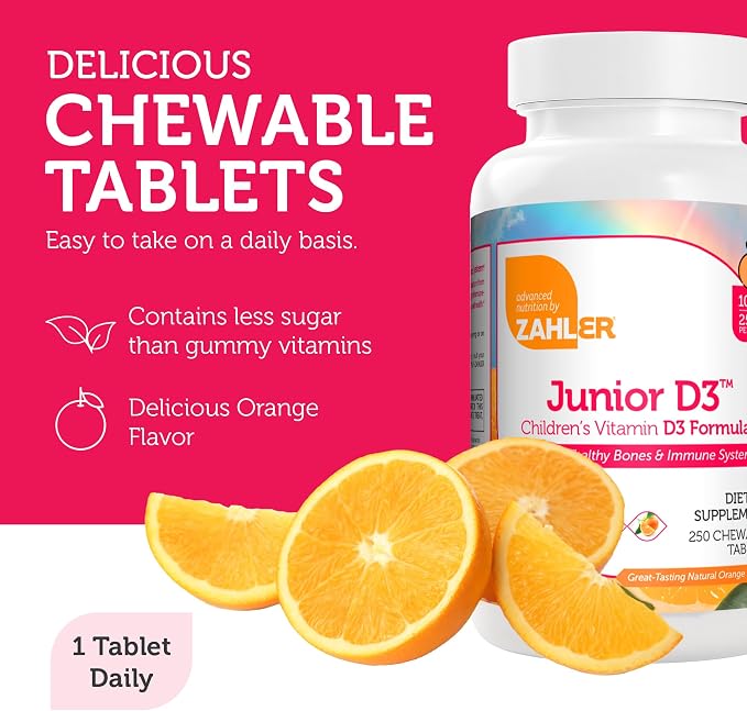 Zahler Junior D3 Vitamins 1000 IU - Chewable Vitamin D3 for Kids to Support Bone, Teeth & Immune Health - Kosher Kids Orange Flavor - 250 Count.