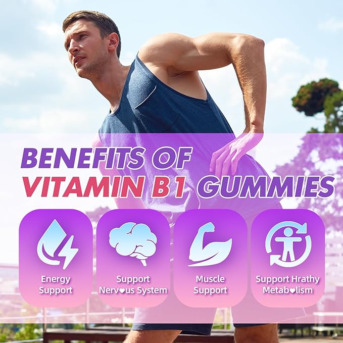 Vitamin B1 Gummies 500mg for Adults & Kids – High Potency Thiamine B1 Supplement for Energy & Nervous System Support, Sugar-Free, Raspberry Flavor, 60 Count