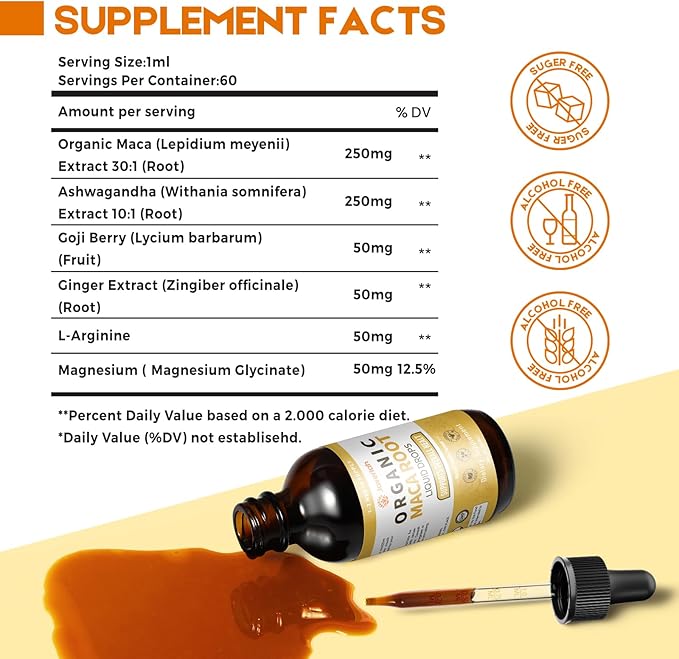 Organic Maca Root Liquid Drops with Ashwagandha,Goji Berry,Ginger,Magnesium and L-Arginine for Women and Men,Ashwagandha Maca Root Supplements Tincture 4 Fl Oz 2 Pack