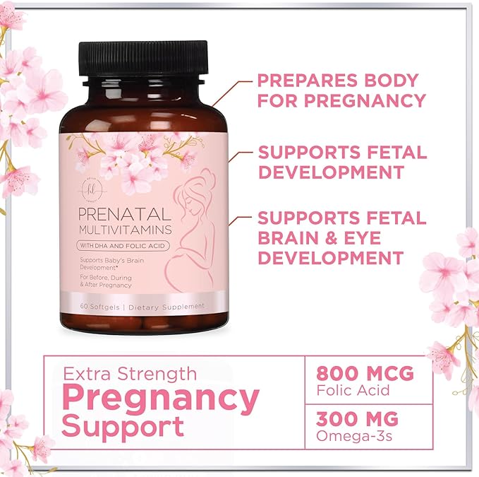Prenatal Vitamins for Women - Prenatal Multivitamin with Folic Acid & Omega 3 DHA Fetal Development Support - Pregnancy Vitamin Supplement with, Vitamin A, C, D, B6, B12 & Iron - 60 Softgels