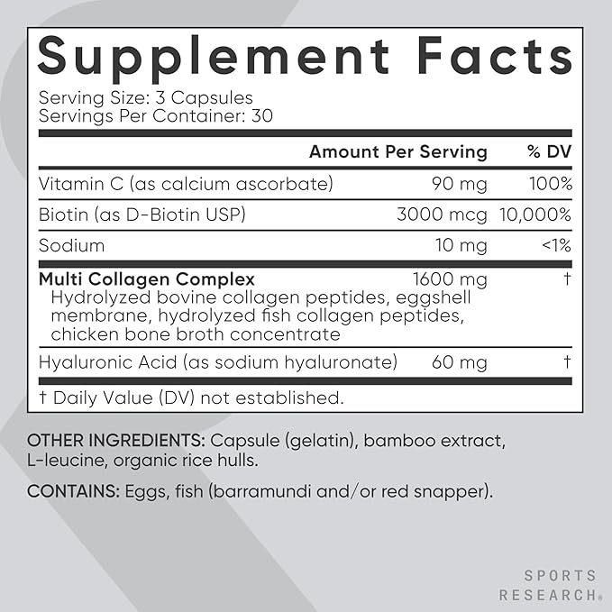 Sports Research® Biotin-Infused Collagen Peptides Complex with Hyaluronic Acid – 5 Multi Collagen Types for Hair, Skin & Joint Support* - Gluten Free · Non-GMO · 90 Capsules