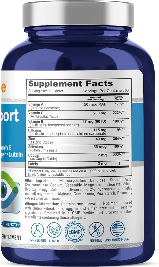 NusaPure Vision Support Nutrients with Vitamin A, C, E, Calcium, Zinc, Selenium, Copper, Lutein 60 Tablets Non-GMO Dietary Supplement
