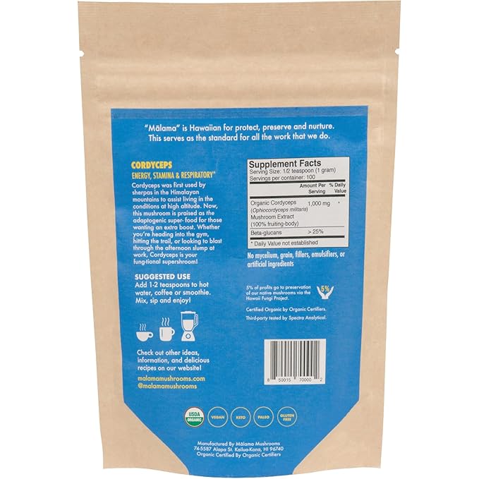 Cordyceps Extract Powder by Malama, Organic Fruiting Body Cordyceps Mushroom Powder, Superfood Adaptogenic, Supports Energy, Endurance & Mood, 100 Servings