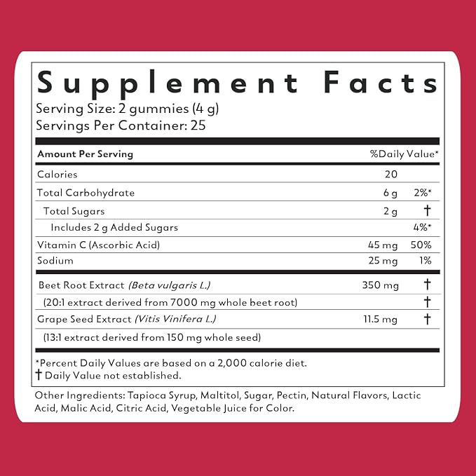 Natrava Beets+ Gummies - Premium Beet Root Powder, Grape Seed Extract and Vitamin C - Supports Healthy Blood Pressure and Heart Health - Low Sugar Nitric Oxide and Circulation Supplement - 50 Gummies
