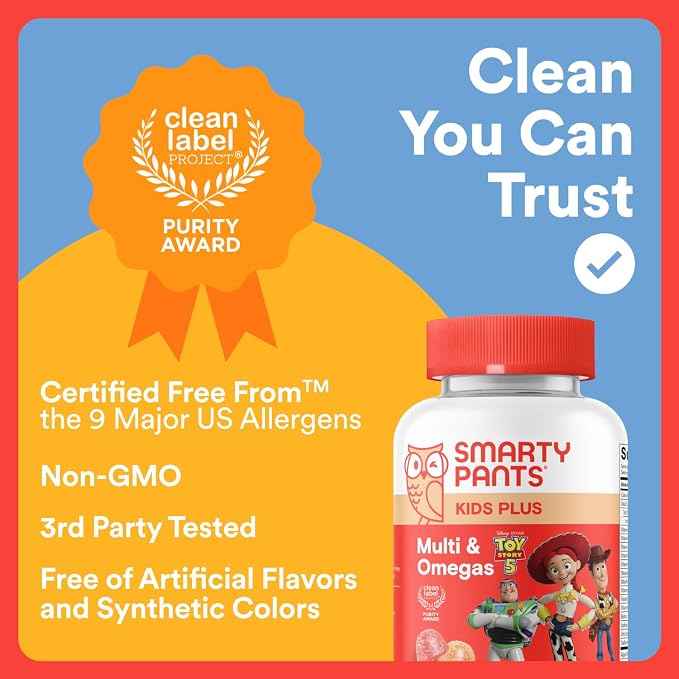 SmartyPants and Disney-Pixar’s Toy Story 5 Kids Multivitamin Gummies, Omega 3 DHA EPA, Vitamin D, C, B12, E, Zinc and Iodine, Clean Label, Gluten Free, Mixed Fruit Flavors, 30 Day Supply, 60 Gummies
