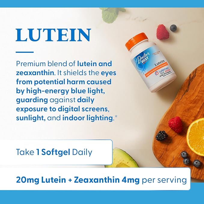 Doctor's Best Lutein Supplement 20mg with Zeaxanthin - Lutein for Eyes, Eye Health Vitamins for Men & Women, Vision and Macular Health Support, Lutemax 2020 Marigold Flower Extract - 60 Softgels
