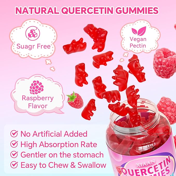 Quercetin Gummies 500mg for Kids & Adults, Organic Quercetin Supplements with Bromelain Zinc Vitamin C and D3 Support Antioxidant & Immune System Health, Strawberry Flavor 120 Count