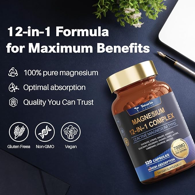 Magnesium Complex 700mg 12 in 1 Magnesium Supplement with Glycinate Citrate Malate Oxide Taurate Aspartate Orotate Magnesium Relaxation,Muscle,Heart Support, Vegan 120 Capsules 2PK