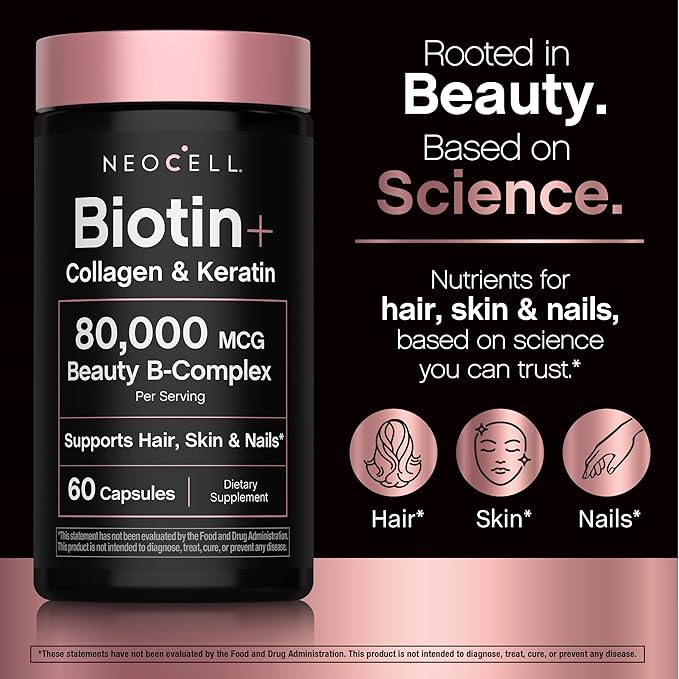 NeoCell Biotin Collagen Keratin Supplement | 80000mcg | 60 Capsules | Beauty B-Complex | Plus Hyaluronic Acid | Hair, Skin, and Nails