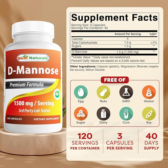 Best Naturals D-Mannose 1500 mg Per Serving 120 Capsules (Pack of 3)