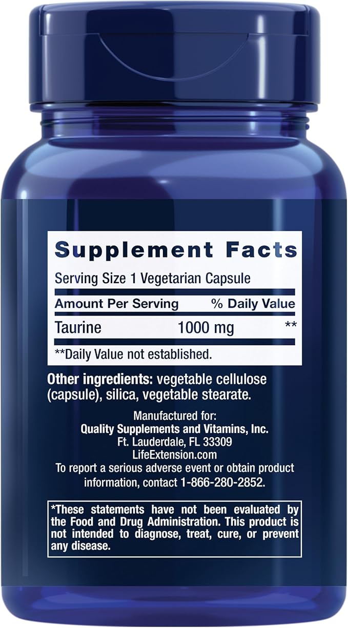 Life Extension Taurine,Pure Taurine Amino Acid Supplement,Heart,Liver and Brain Health,Longevity,Muscle and Exercise,1000 mg dose,Non-GMO,Gluten-Free,Vegetarian, Vegetarian, 90 Capsules (Pack of 2)