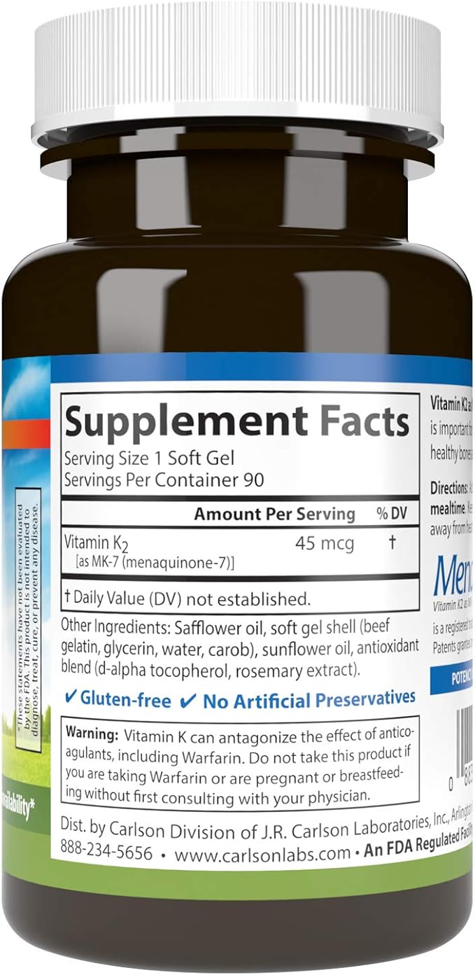 Carlson - Vitamin K2 MK-7 (Menaquinone), 45 mcg, Bone Support, Calcium Bioavailability, K2 Vitamin, Vitamin K-2, 90 Softgels
