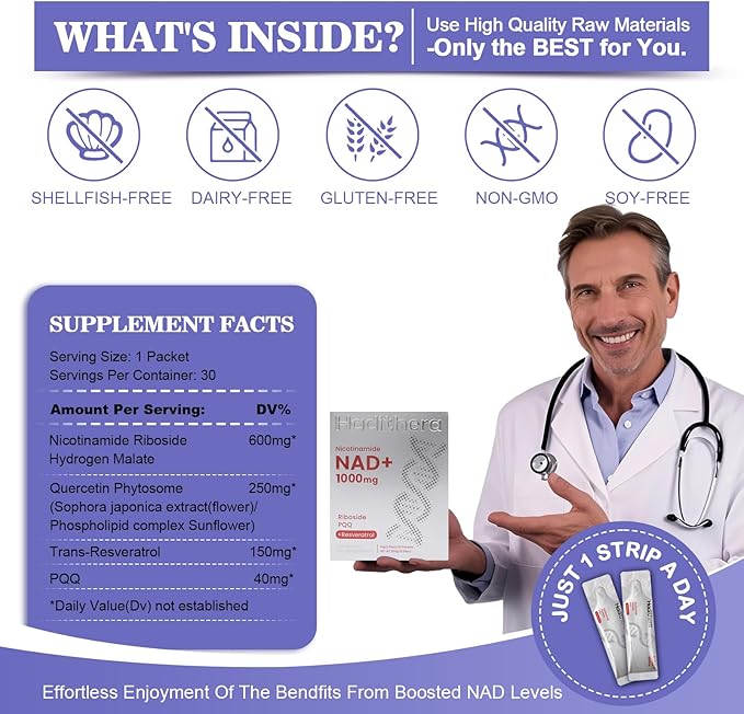 NAD Supplement 1000mg Synergistic Blend with Nicotinamide Riboside, PQQ & Resveratrol - Premium Anti-Aging Supplement for Cellular Energy, Mental Clarity and Longevity (30 Packets)
