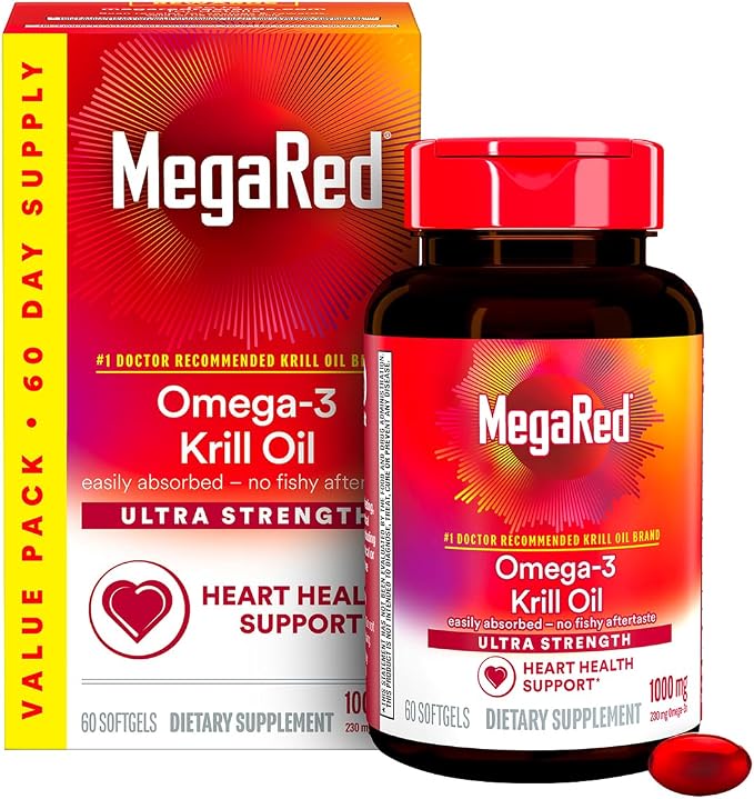 MegaRed Ultra Strength 1000mg Omega-3 Krill Oil Supplement with EPA/DHA, Astaxanthin & Phospholipids, No Fish Oil Aftertaste Supports Heart, Brain, Joint and Eye Health, 60 Count Softgels (3 Pack)